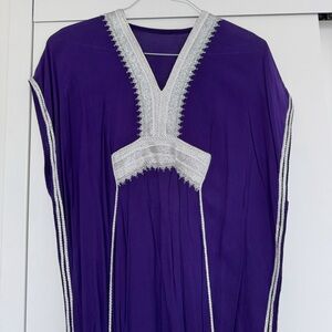 Purple Moroccan Kaftan Dress Silver White Embroidered Boho Festival Lightweight